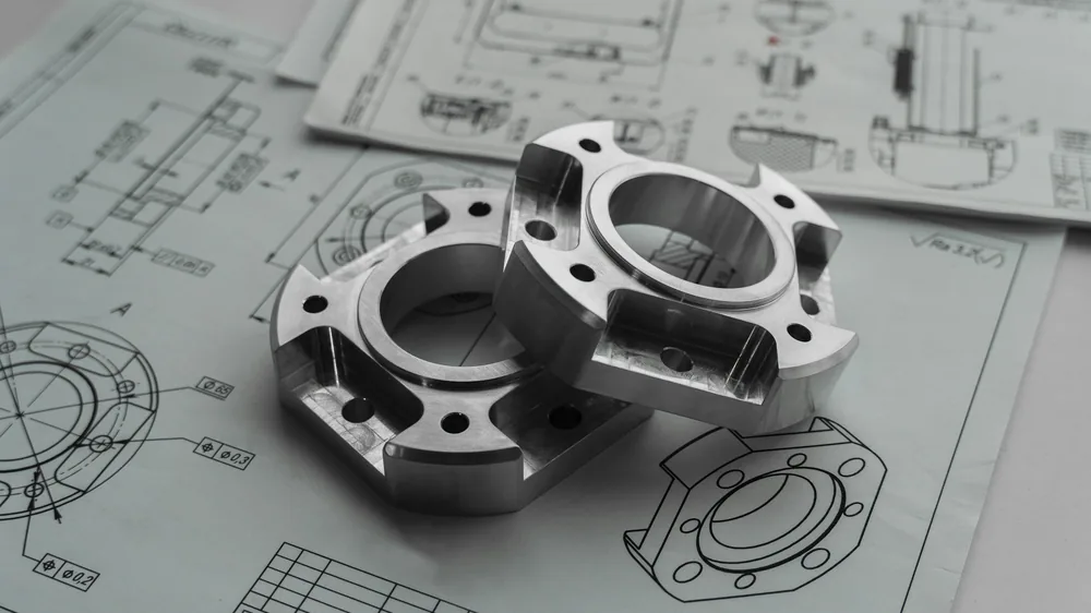 Two machined flanges lying on their engineering drawings